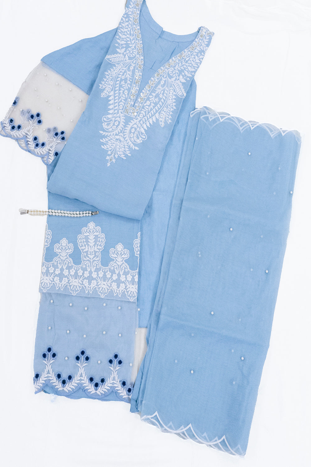 Powder Blue Pure Muslin Cotton Kurta With Organza Dupatta And Bottoms