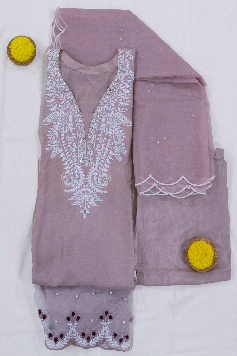 Powder Pink Pure Muslin Cotton Kurta With Organza Dupatta And Bottoms