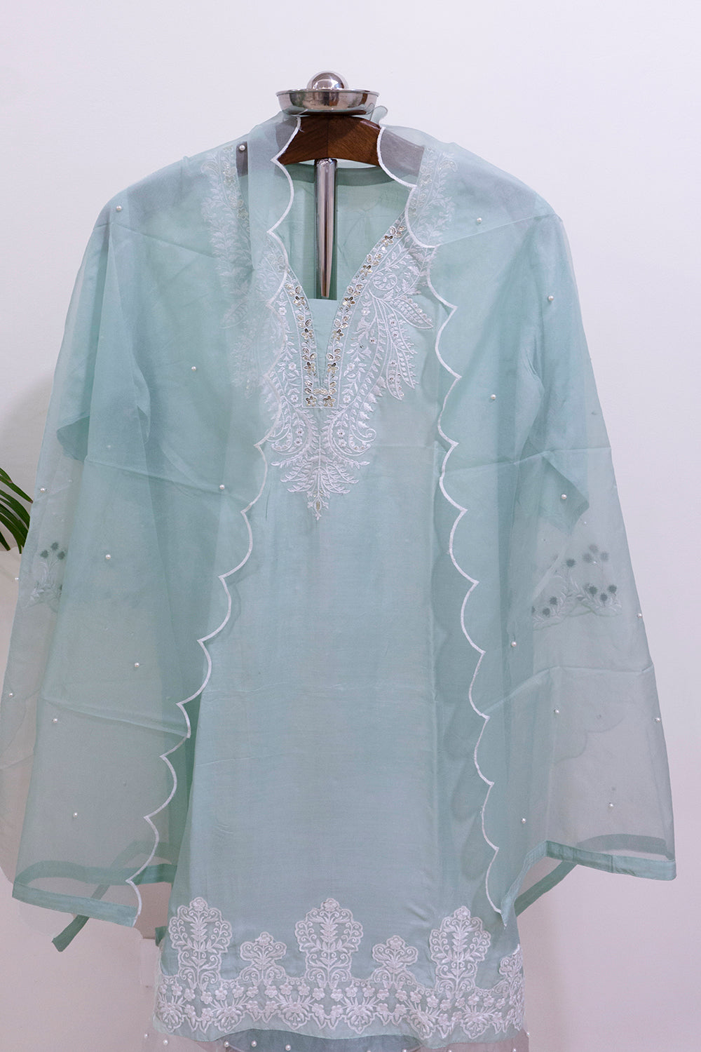 Powder Green Pure Muslin Cotton Kurta With Organza Dupatta And Bottoms