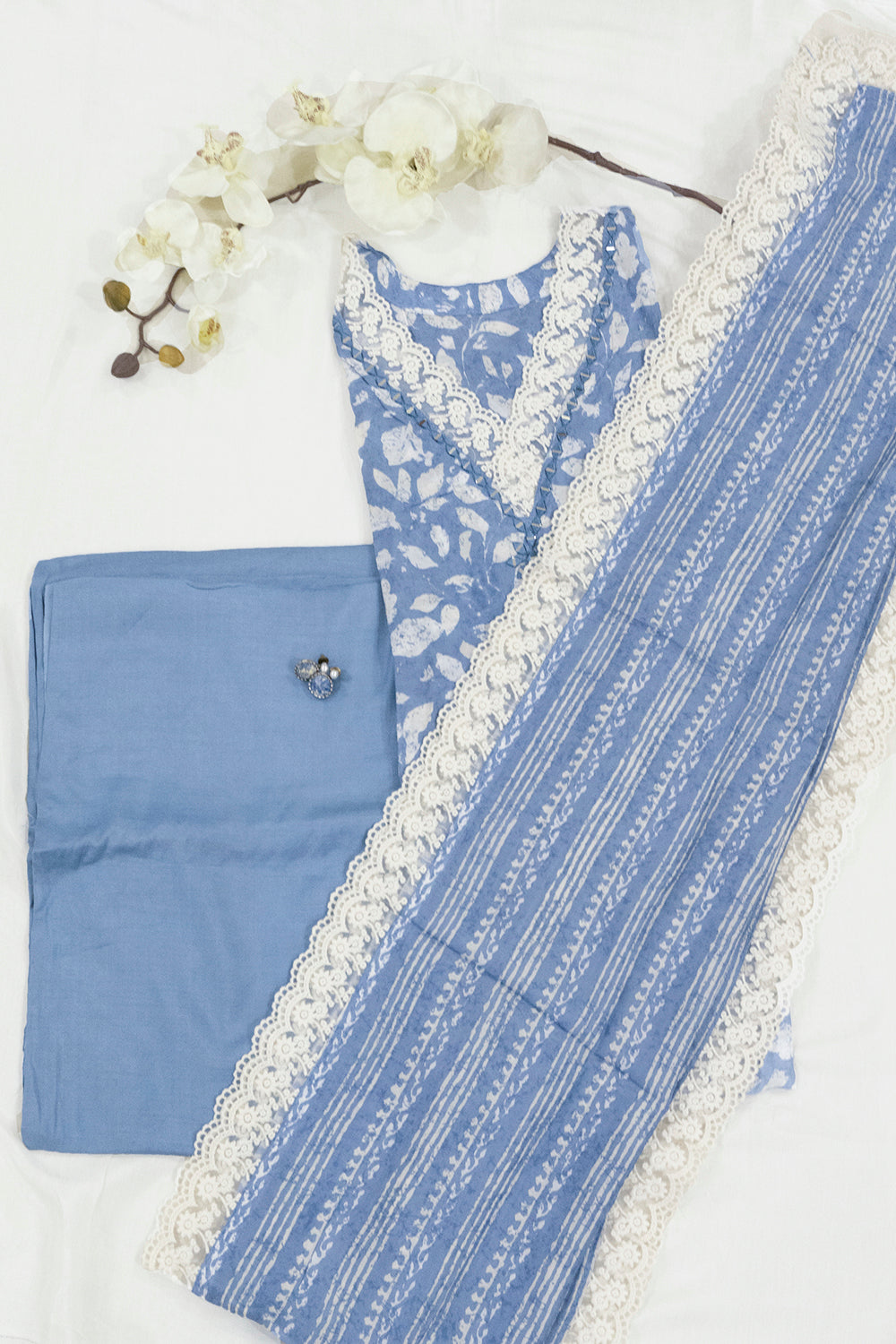 Blue Pure Cotton Kurta With Lace Border Dupatta And Bottoms