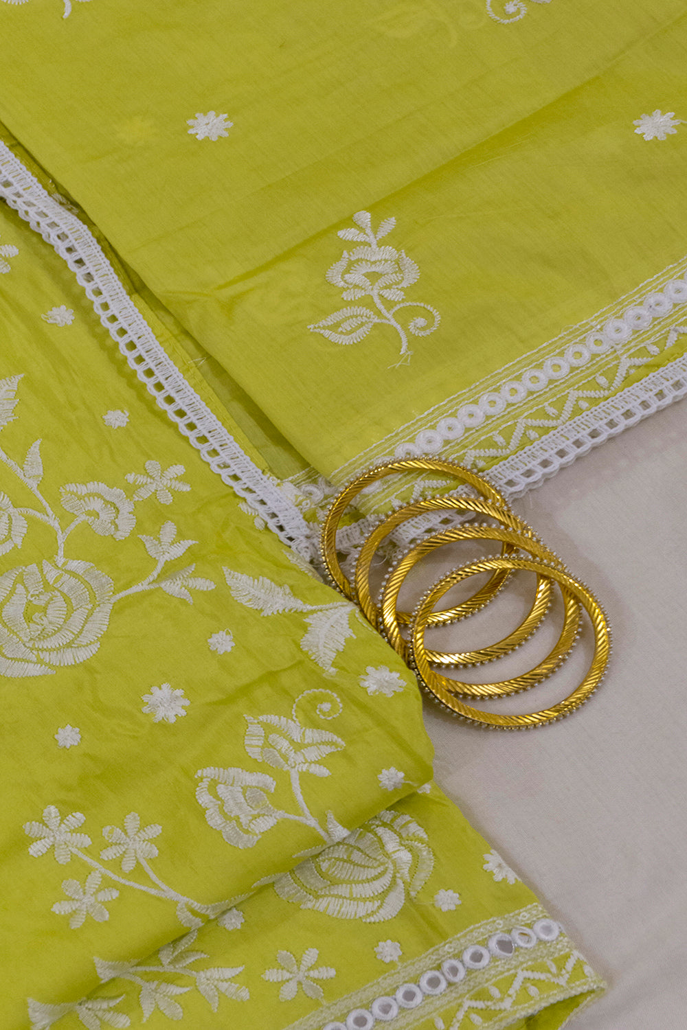 Lime Yellow Pure Cotton Embroidery Work Kurta With Dupatta And Bottoms