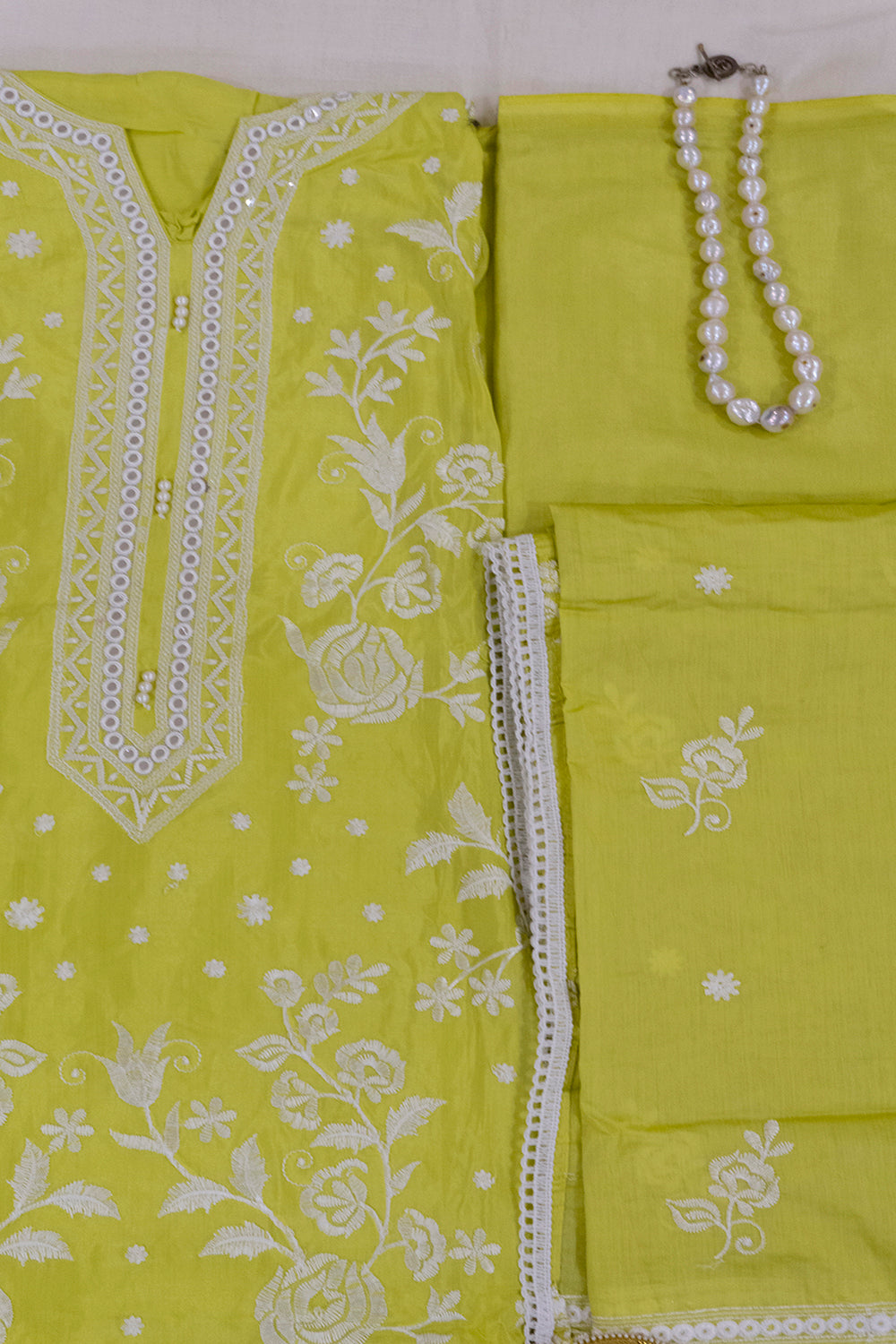 Lime Yellow Pure Cotton Embroidery Work Kurta With Dupatta And Bottoms