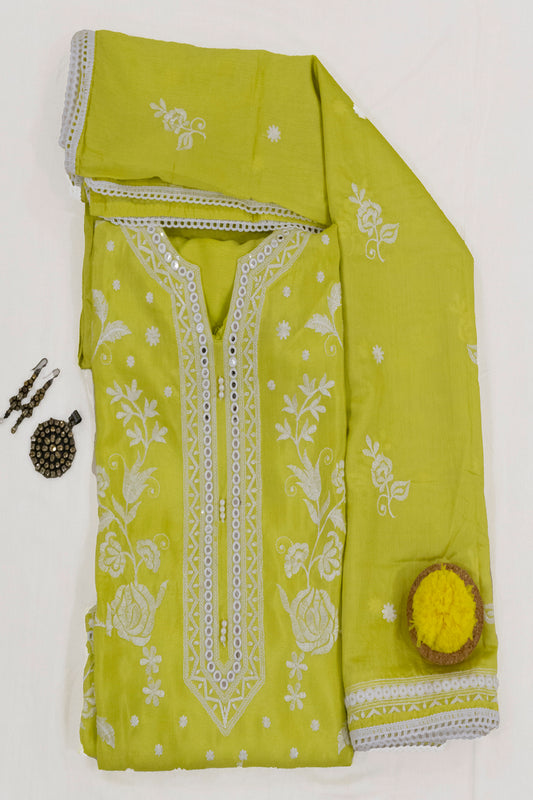 Lime Yellow Pure Cotton Embroidery Work Kurta With Dupatta And Bottoms