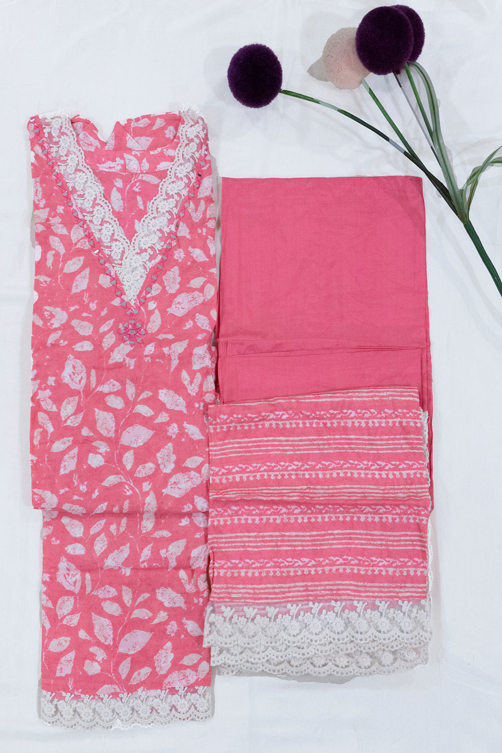 Pink Pure Cotton Kurta With Lace Border Dupatta And Bottoms