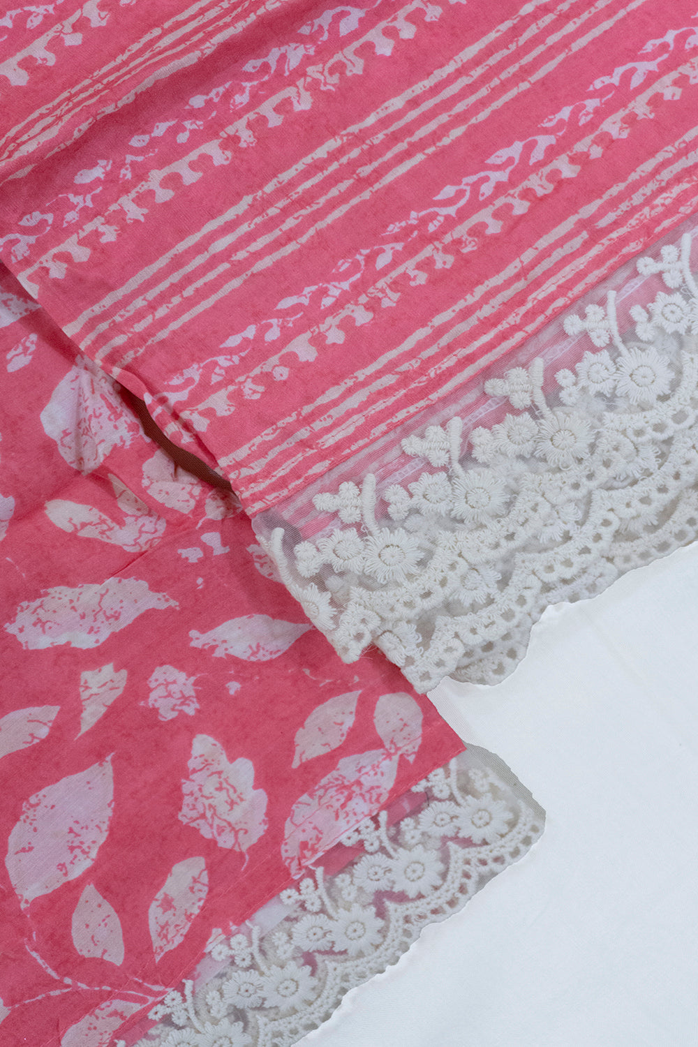 Pink Pure Cotton Kurta With Lace Border Dupatta And Bottoms