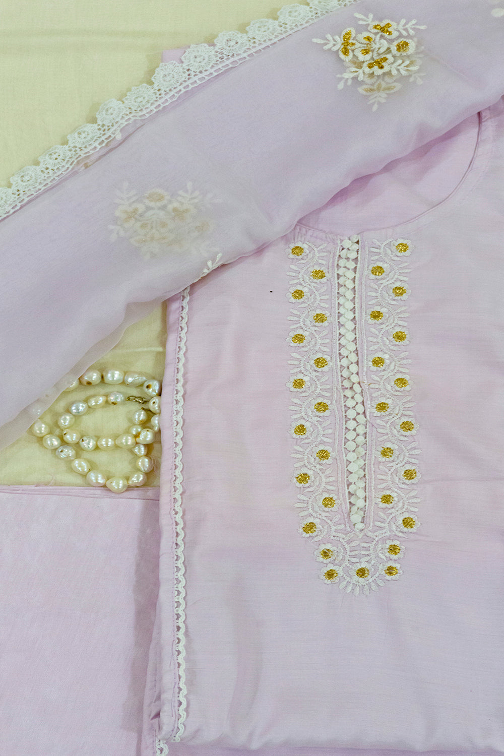 Pastel Mauve Pure Cotton Kurta With Organza Dupatta And Bottoms