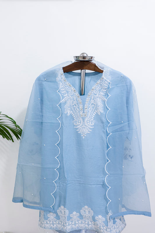 Powder Blue Pure Muslin Cotton Kurta With Organza Dupatta And Bottoms