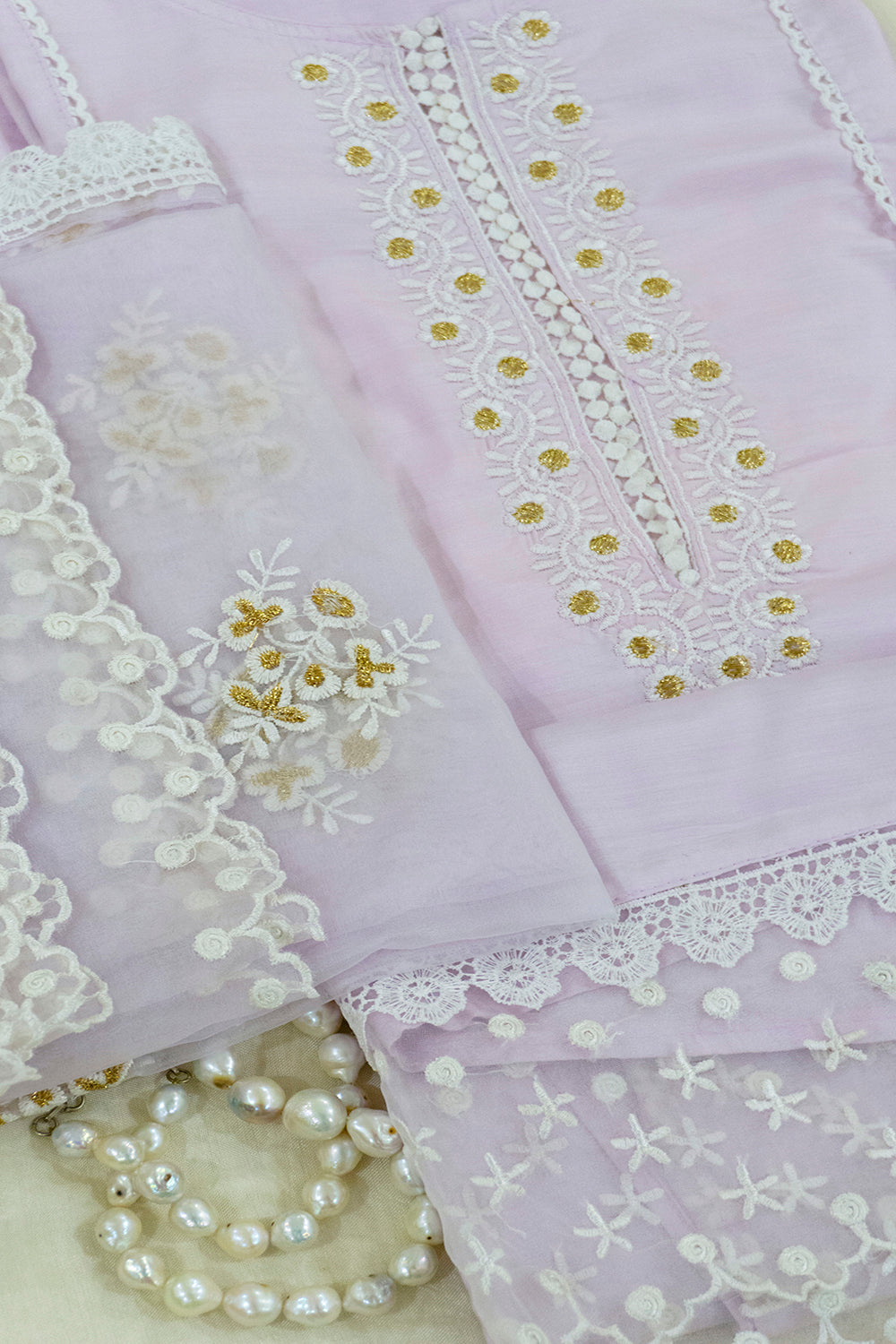 Pastel Mauve Pure Cotton Kurta With Organza Dupatta And Bottoms