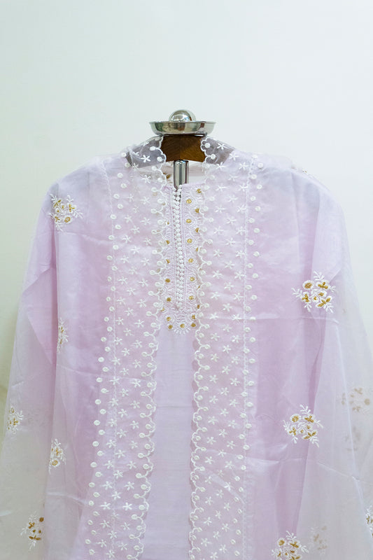 Pastel Mauve Pure Cotton Kurta With Organza Dupatta And Bottoms