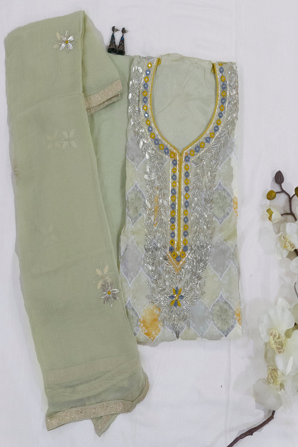 Sage Green Pure Chiffon Kurta With Dupatta And Bottoms