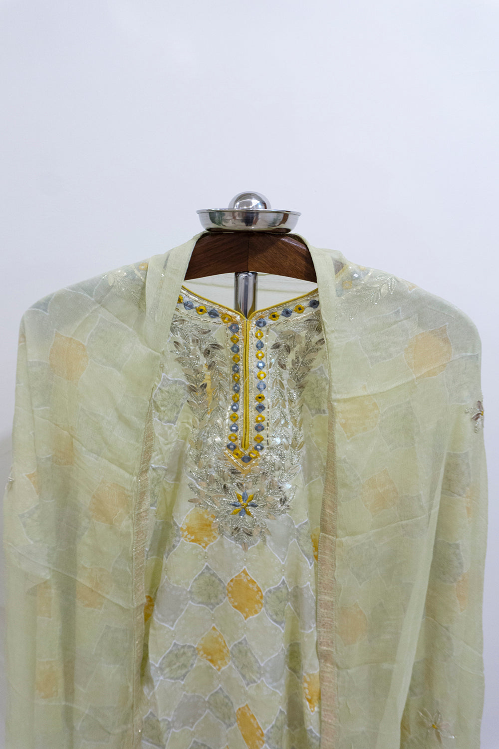 Sage Green Pure Chiffon Kurta With Dupatta And Bottoms