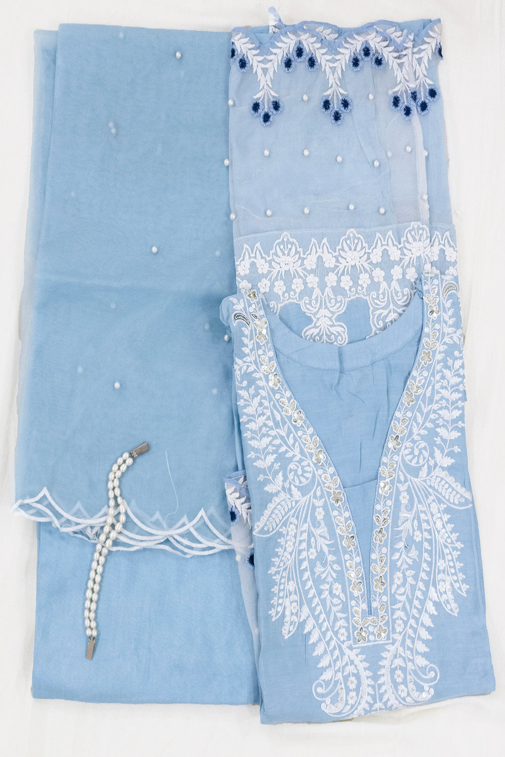 Powder Blue Pure Muslin Cotton Kurta With Organza Dupatta And Bottoms