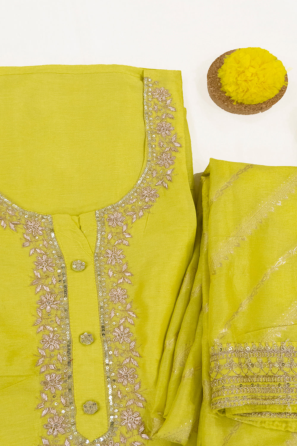 Yellow Pure Crepe Kurta With Dupatta And Bottoms