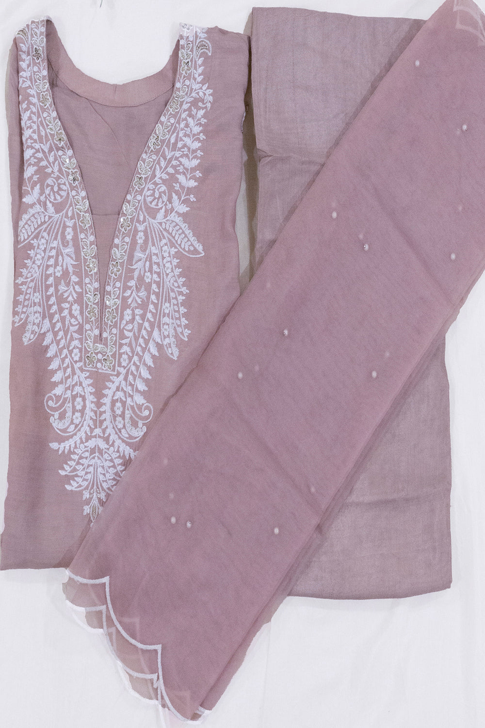 Powder Pink Pure Muslin Cotton Kurta With Organza Dupatta And Bottoms